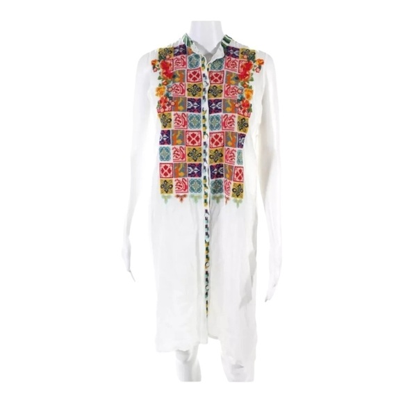 JOHNNY WAS Torreya White Multicolor Embroidered Button Down Sleeveless Dress S - Picture 5 of 10